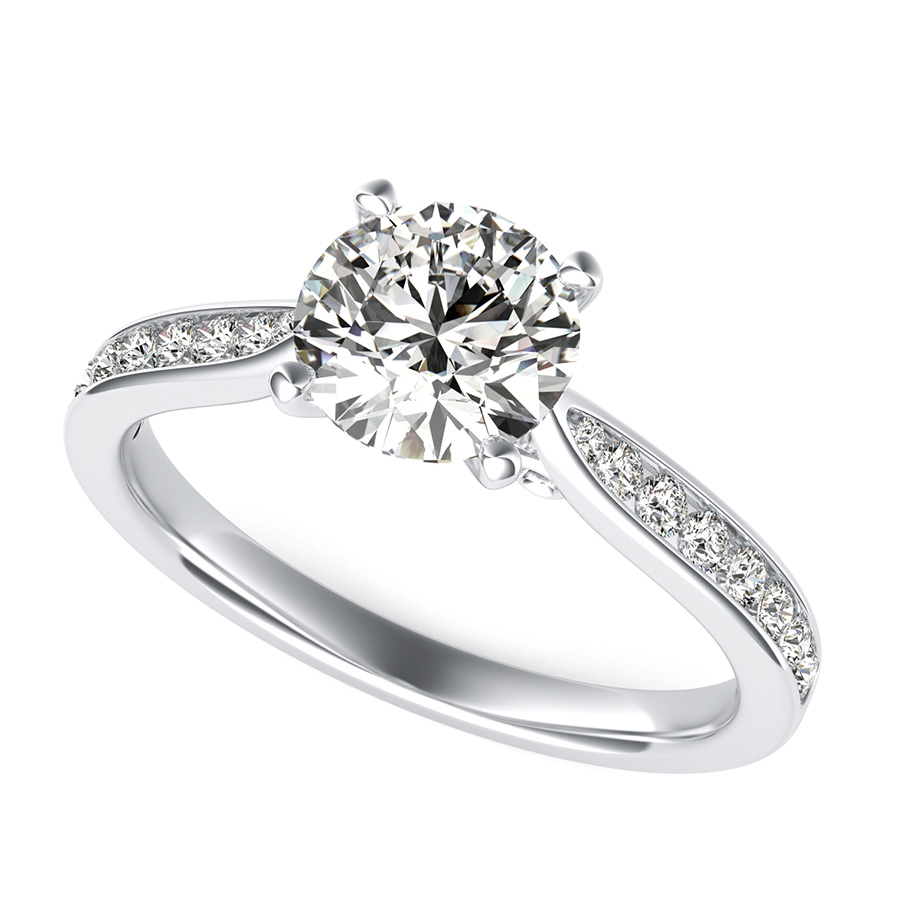 Real Diamond 1.23 ctw. Princess Side Stone Engagement Ring, F fl Center with Diamond Round Accented Stones in Platinum