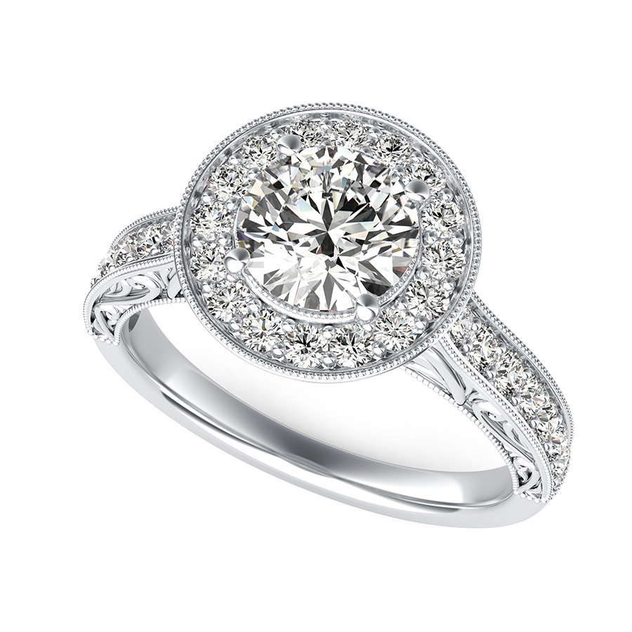 Scroll Engraving Halo Engagement Ring With Milgrain Pave Side