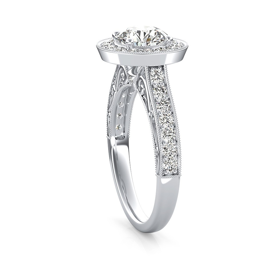 Scroll Engraving Halo Engagement Ring With Milgrain Pave Side Stones ...