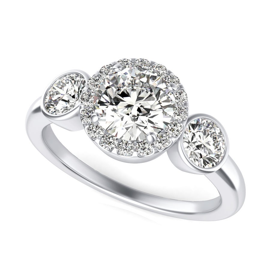 Three Stone Halo Engagement Ring