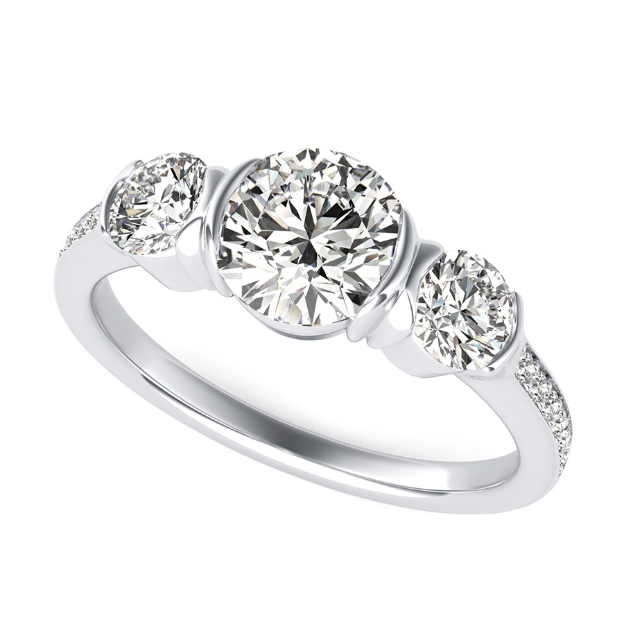 Half Bezel Three Stone Engagement Ring With Accented Side Stones