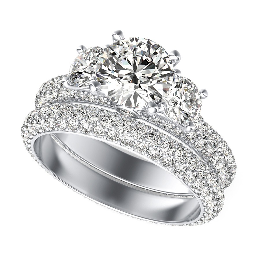 Yiara Three Stone Engagement Set With Eternity Micro-Pave Shank 