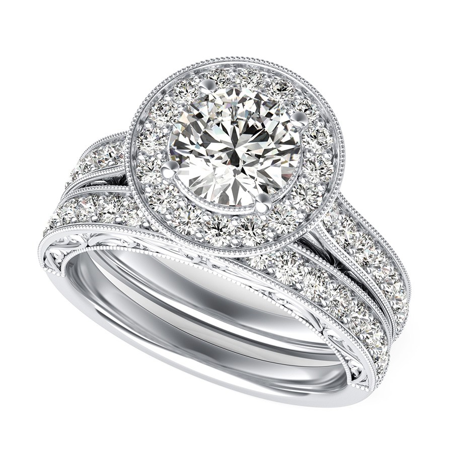 Scroll Engraving Halo Engagement Set With Milgrain Pave Side Stones