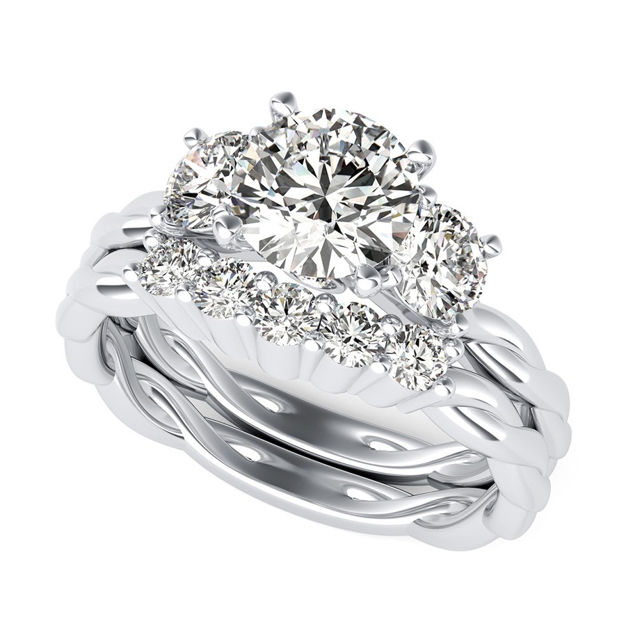 Yiara Three Stone Engagement Ring With Twisted Marcela Shank & Matching Band