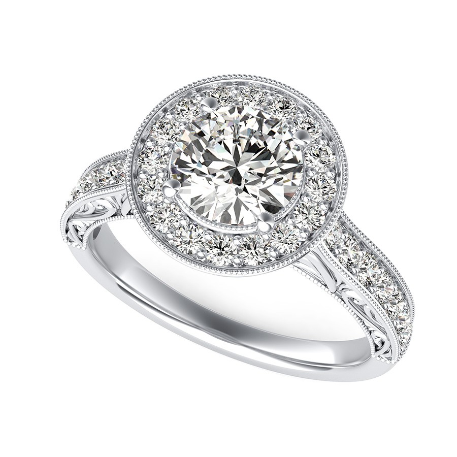 Scroll Engraving Halo Engagement Ring With Milgrain Pave Side Stones