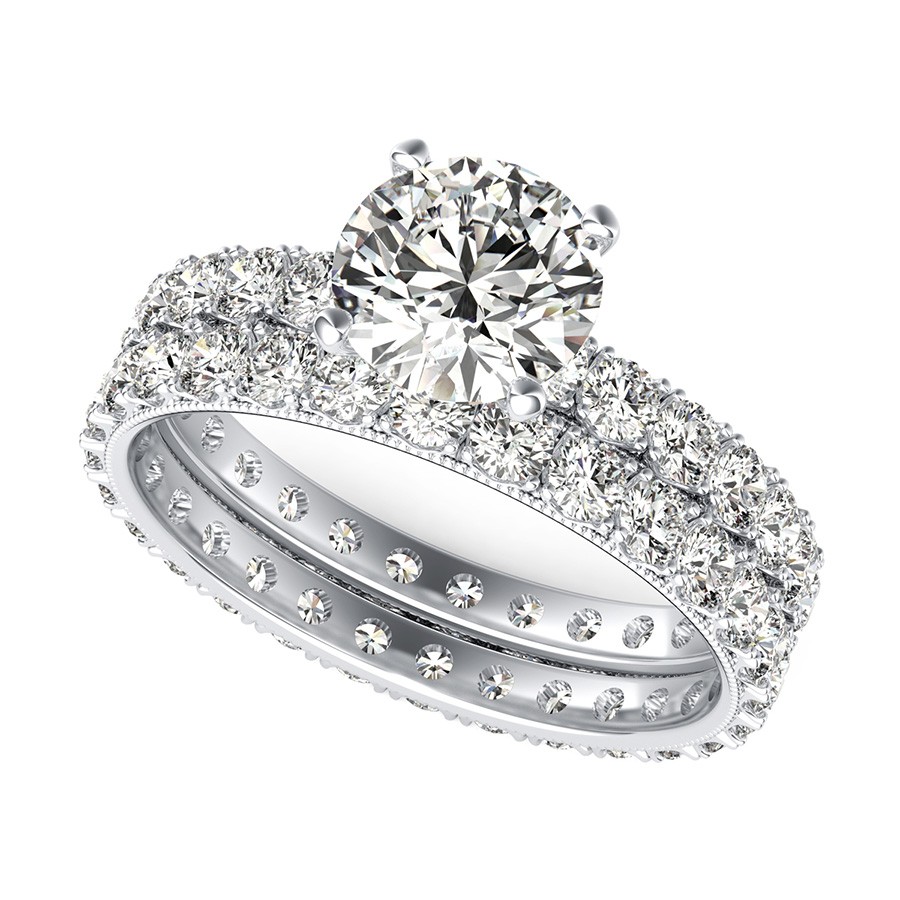 French Pave Eternity Engagement Ring with Milgrain $ Matching Band