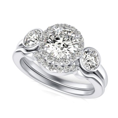 Three Stone Halo Engagement Ring With Matching Band