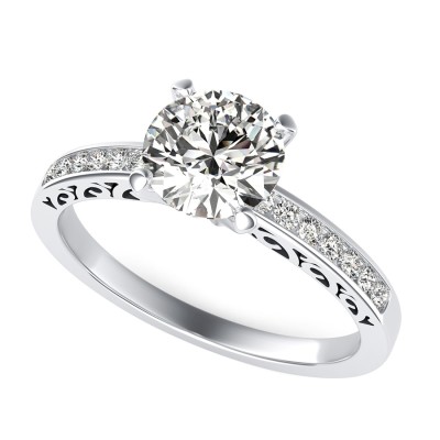Cut Through Scroll Engraving Engagement Ring With Channel Set Side Stones