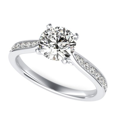 Cathedral Engagement Ring With Channel Set Side Stones And Scroll On The Side