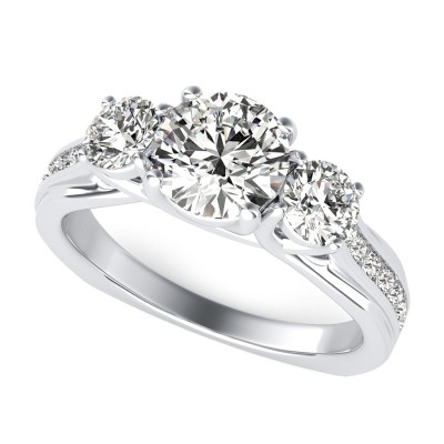 Amore Three Stone Trellis Square Shank Engagement Ring With Side Stones