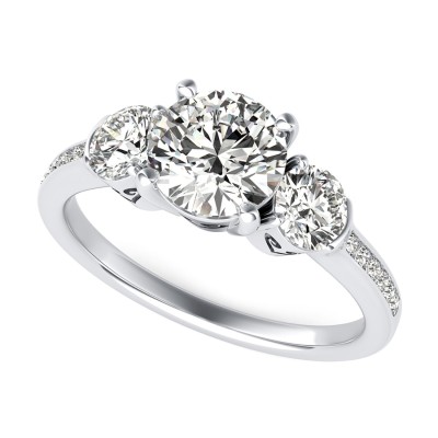 Three Stone Engagement Ring With  Heart Basket and Diamond Shank