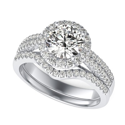 Double Band Cathedral Halo Engagement Ring With Matching Band