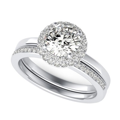 Micro Pave Halo Engagement Ring With Matching Wedding Band
