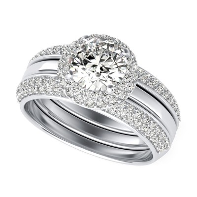Micro Pave Halo Engagement Ring With Two Matching Wedding Band