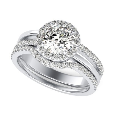 Double Band Halo Engagement Ring With Side Stones & Matching Band