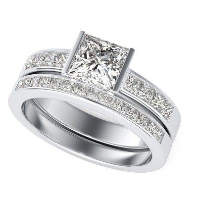 Tension Set Engagement Ring With Channel Set Side Stones & Matching Wedding Band