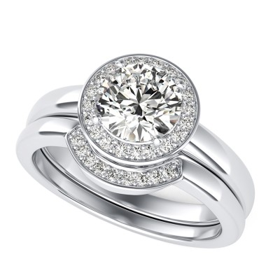 Halo Pave Set Engagement Ring With Scrolls On The Basket & Matching Band