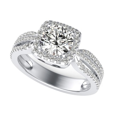 Unique Triple Band Halo Engagement Ring With Side Stones