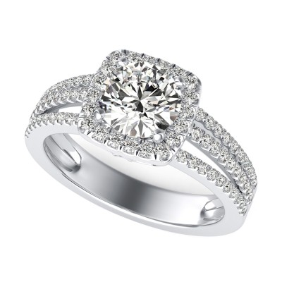 Unique Triple Band Halo Engagement Ring With Pave Set Side Stones