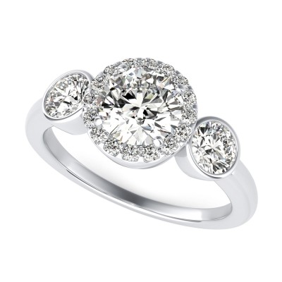 Simple Three Stone Halo Engagement Ring With Bezel Set Side Stones