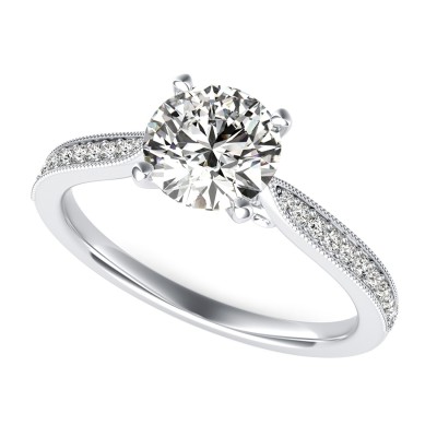 Cathedral Engagement Ring With Milgrain Pave Side Stones And Scroll On The Side