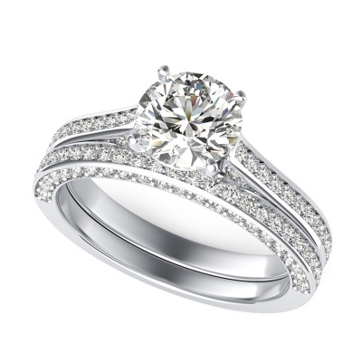 Cathedral Engagement Ring With Pave Side Stones & Matching Band