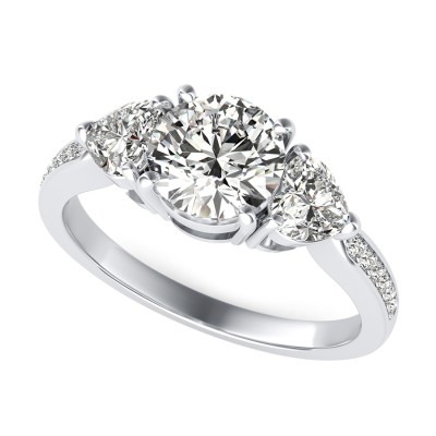 Classic Basket Three Stone Engagement Ring With Accented Side Stones
